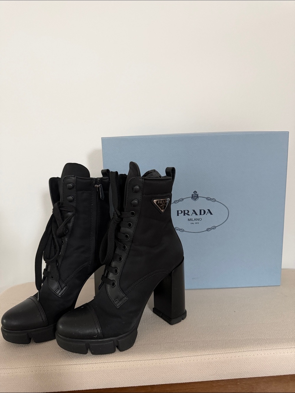 Prada Black Lace-Up Platform Ankle Boots